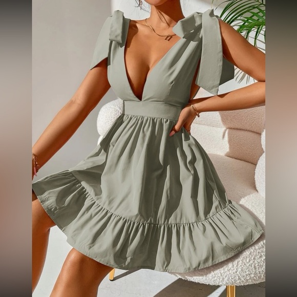 Boho tie shoulder ruffle hem dress yellow mustard - Picture 2 of 10